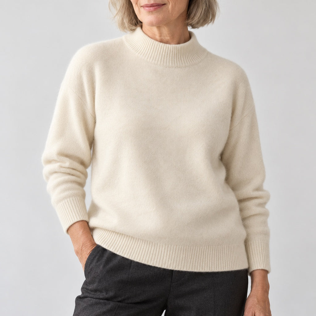 Women's Mock-Neck Jumper - Fine Knit with Ribbed Trim shown in natural daylight