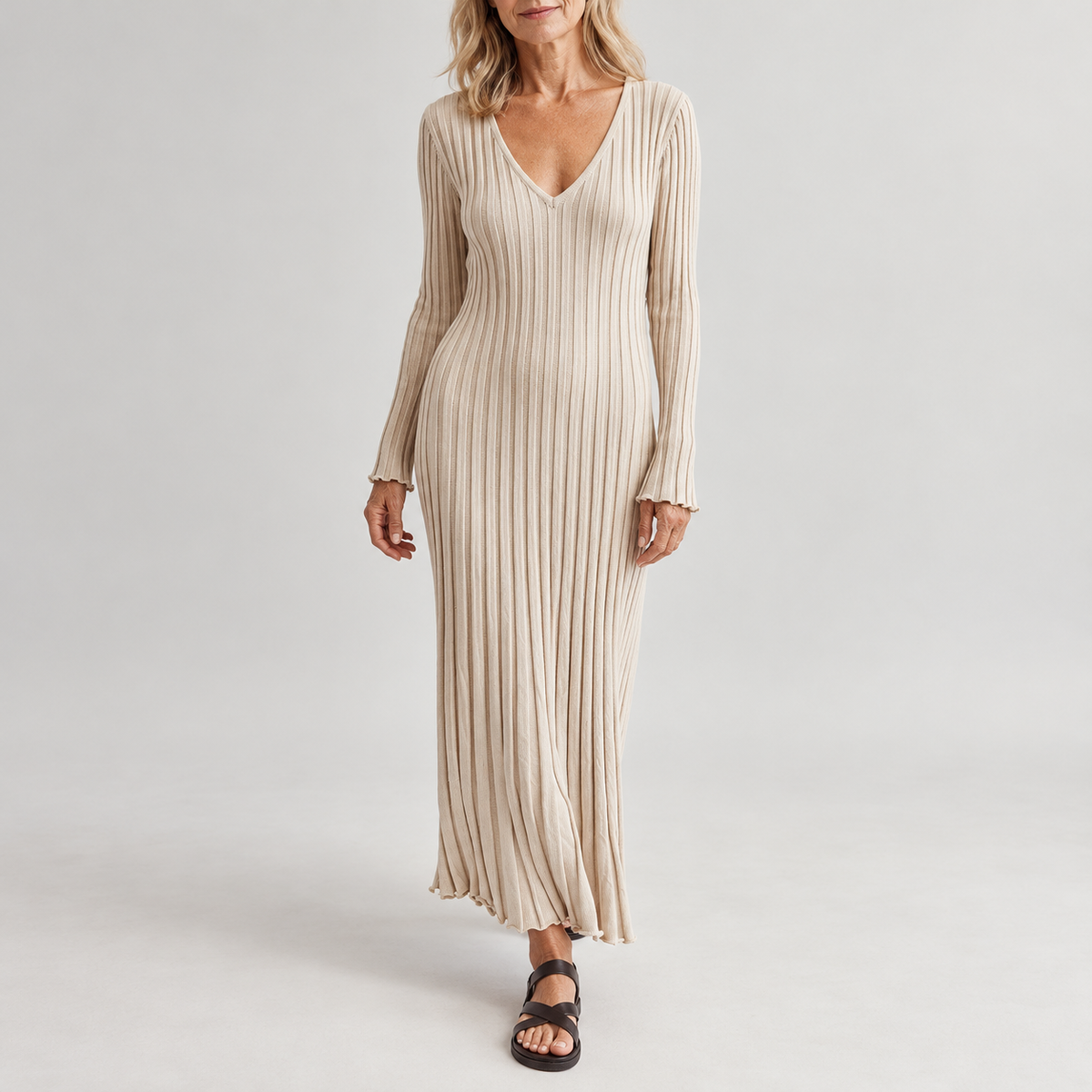 Women's ribbed knit maxi dress with V-neck and long sleeves