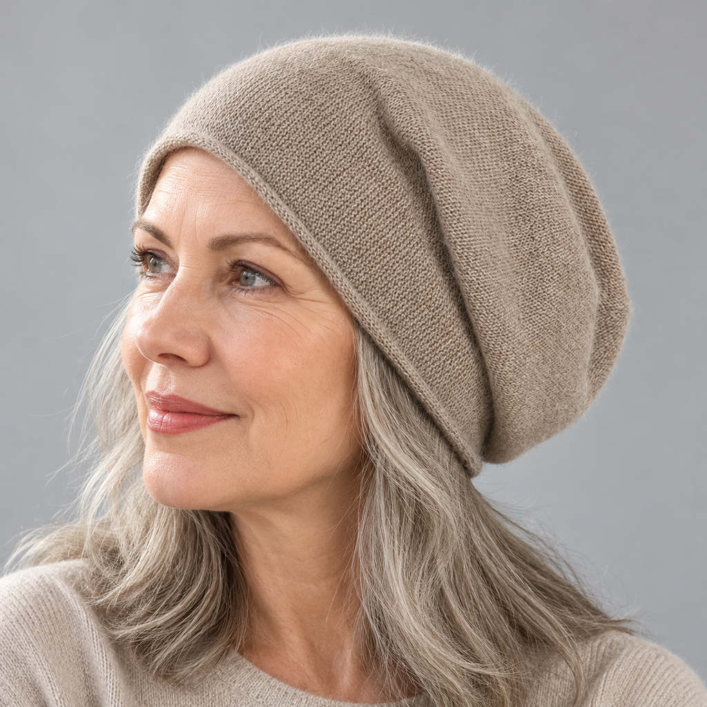 Women's taupe slouch knit beanie on an older model in side view