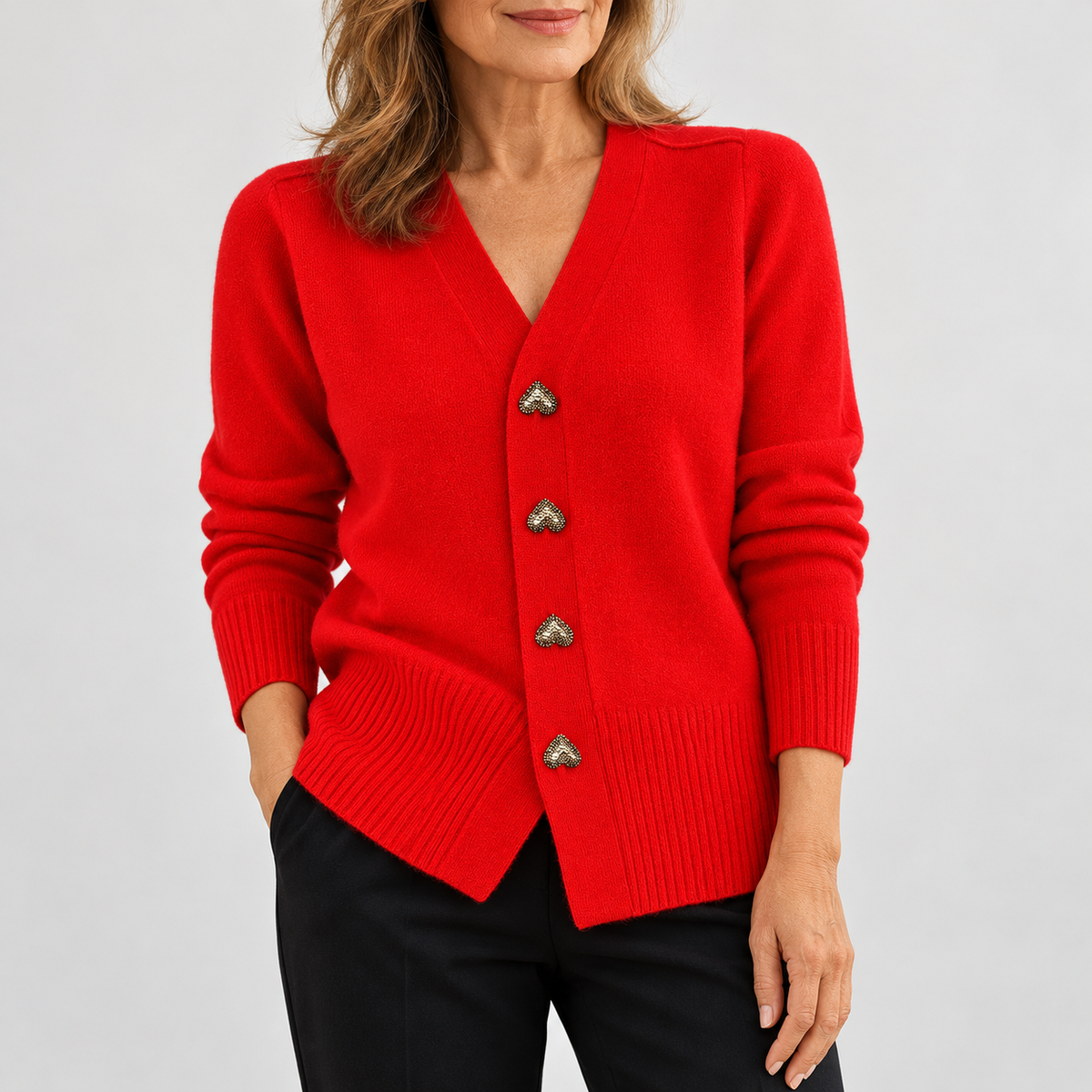 Women's V-neck cardigan with heart buttons
