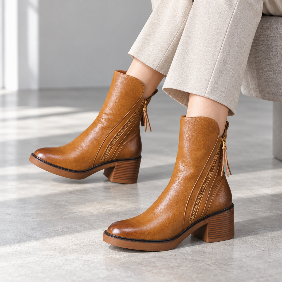 Women's tan zip ankle boots with block heel and tassel detail