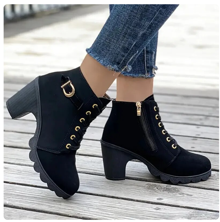 Women's Lace-Up Ankle Boots- Block Heel and Side Zip