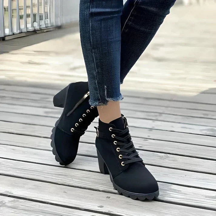 Women's Lace-Up Ankle Boots- Block Heel and Side Zip