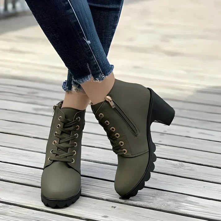Women's Lace-Up Ankle Boots- Block Heel and Side Zip