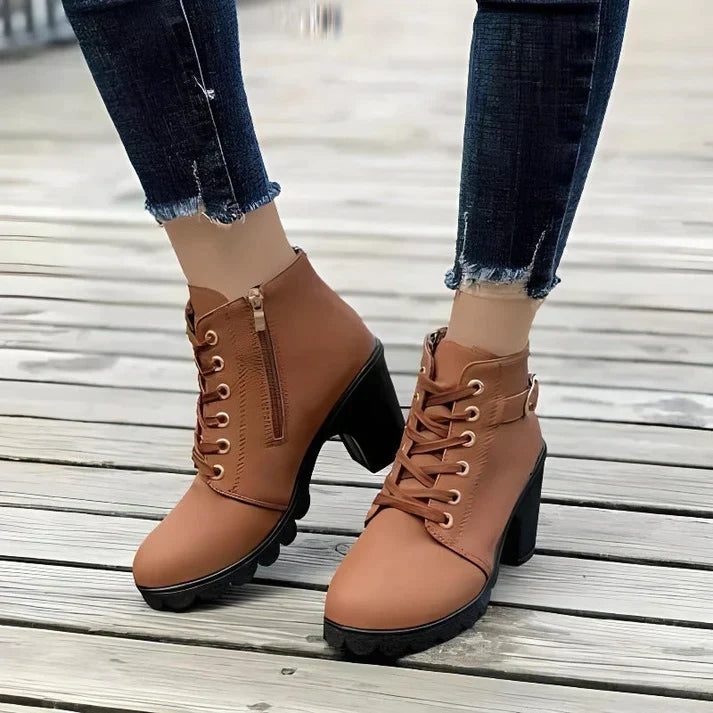 Women's Lace-Up Ankle Boots- Block Heel and Side Zip