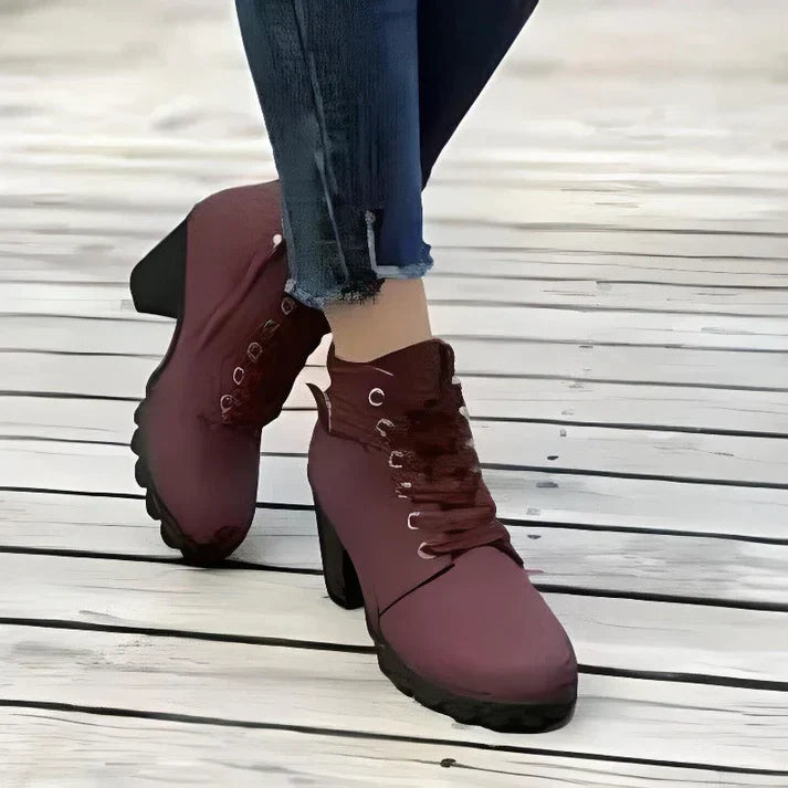 Women's Lace-Up Ankle Boots- Block Heel and Side Zip