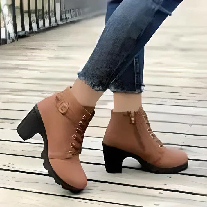 Women's Lace-Up Ankle Boots- Block Heel and Side Zip