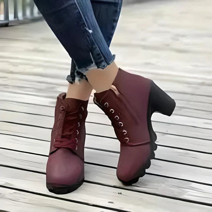 Women's Lace-Up Ankle Boots- Block Heel and Side Zip
