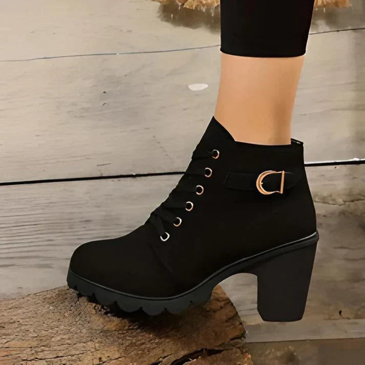 Women's Lace-Up Ankle Boots- Block Heel and Side Zip