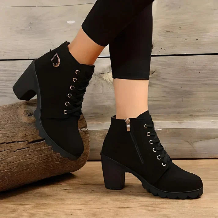 Women's Lace-Up Ankle Boots- Block Heel and Side Zip