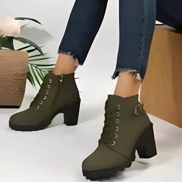 Women's Lace-Up Ankle Boots- Block Heel and Side Zip