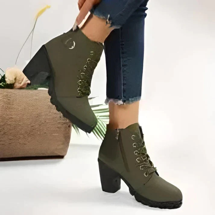 Women's Lace-Up Ankle Boots- Block Heel and Side Zip